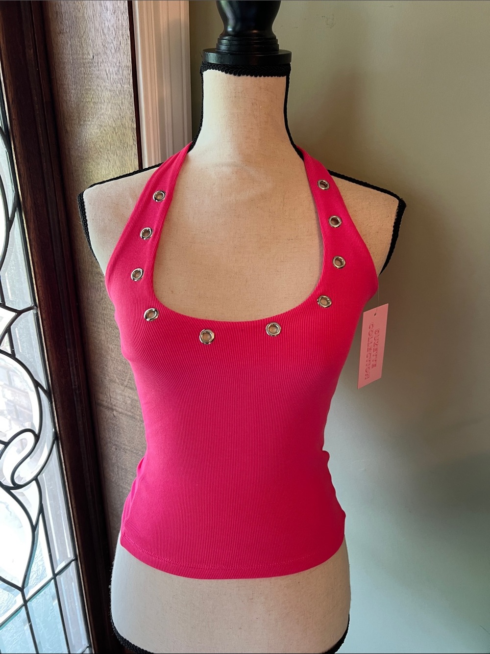 Hot Pink Ribbed Halter Tank with Silver Grommet Accents